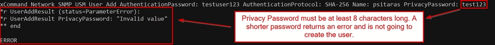 Unsuccessful USM User Creation due to Short Privacy Password