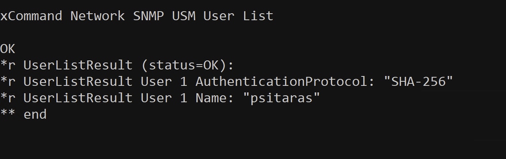 Network SNMP USM User List Command Used to Confirm User Creation