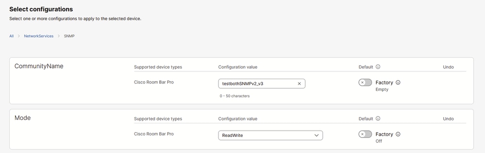 Add Community Name for SNMPv2c in Control Hub Endpoint Configuration Settings