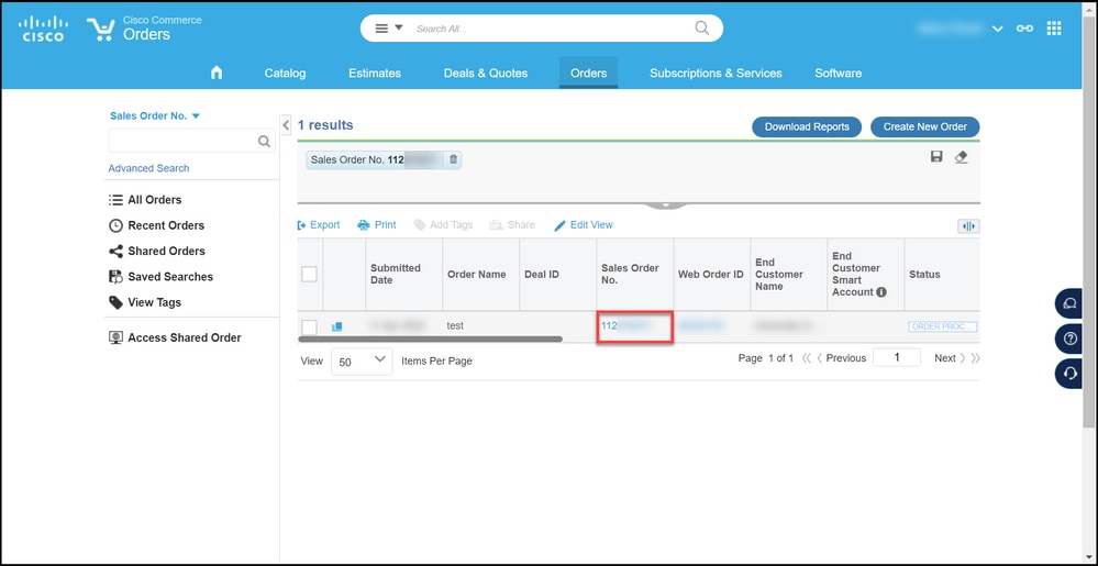 Updating Smart Account Assignment in CCW - Click the hyperlink in the Sales Order No. column