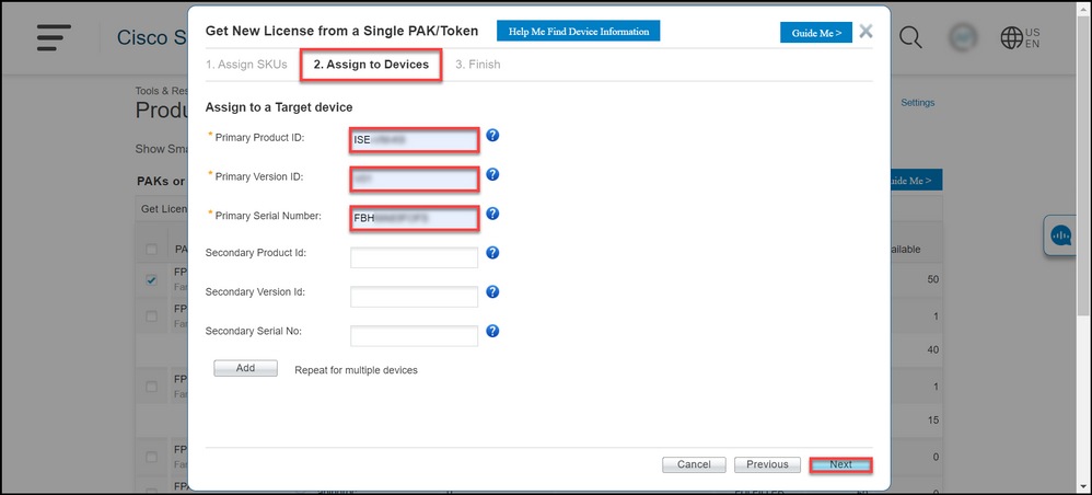 Issuing a license by using PAK fulfillment - Enter device information
