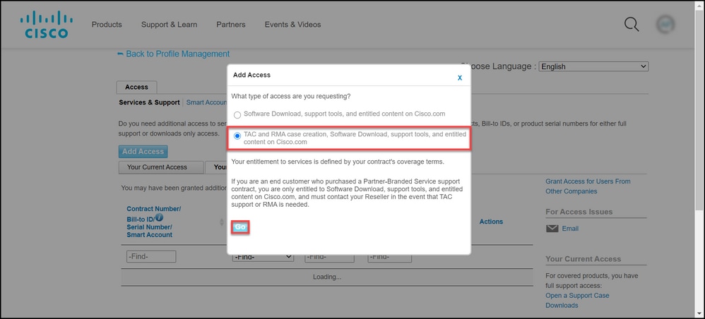 Adding a Cisco Service Contract Access to a Cisco.com Account - Select access type