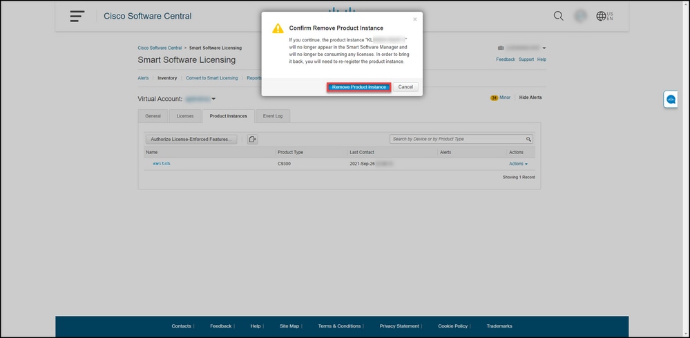 Removing a Product Instance (Cloud Connect) - Confirm the removal of product instance