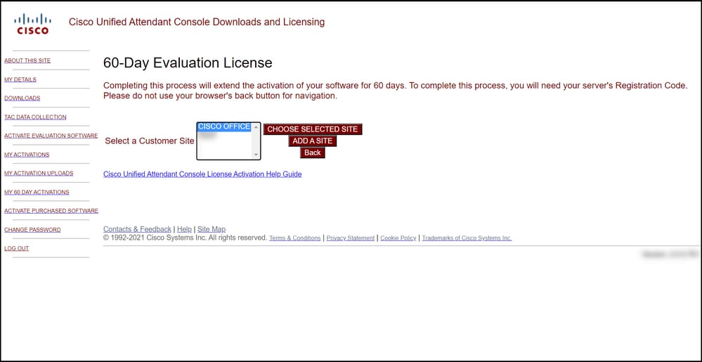 Generating a Demo or Evaluation License for CUAC - Select a Customer Site