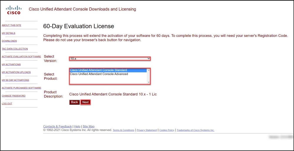 Generating a Demo or Evaluation License for CUAC - Select Version and Product