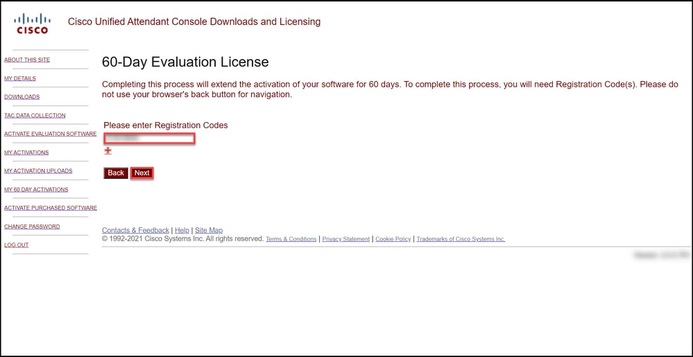 Generating a Demo or Evaluation License for CUAC - Enter Registration Codes