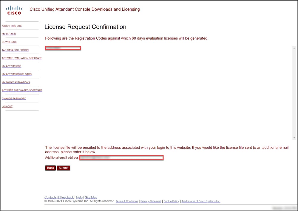 Generating a Demo or Evaluation License for CUAC - License Request Confirmation