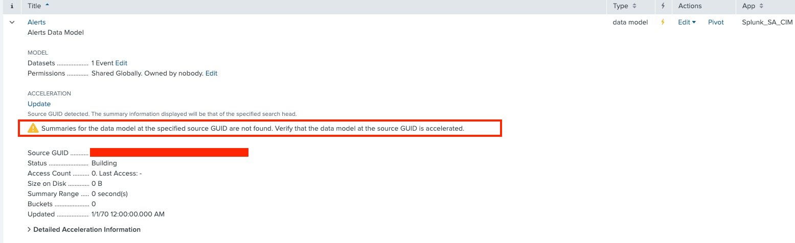 Summaries for the data model at the specified source GUID are not found ...
