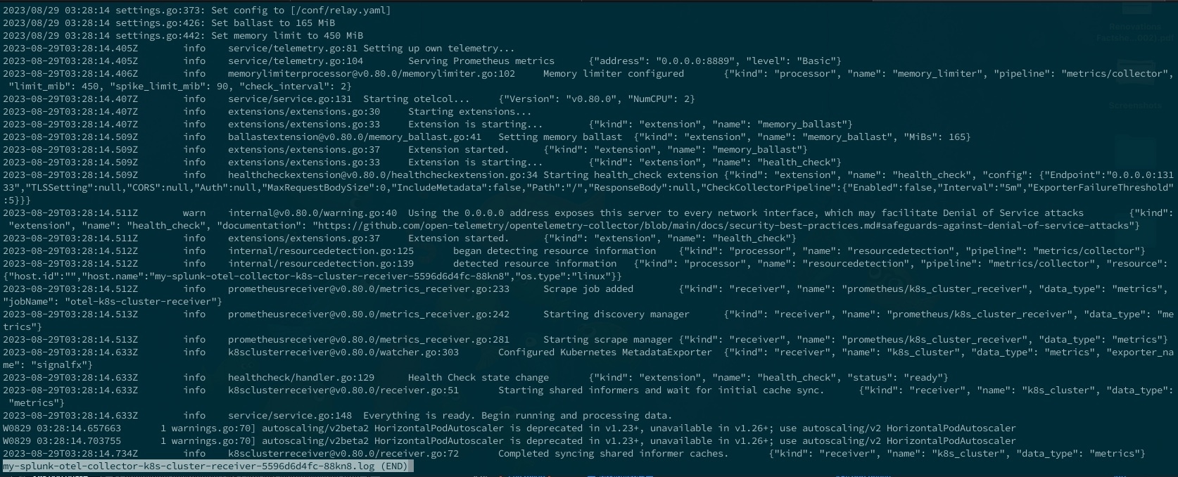 OTel Collector Kubernetes Cluster Receiver Info Logs