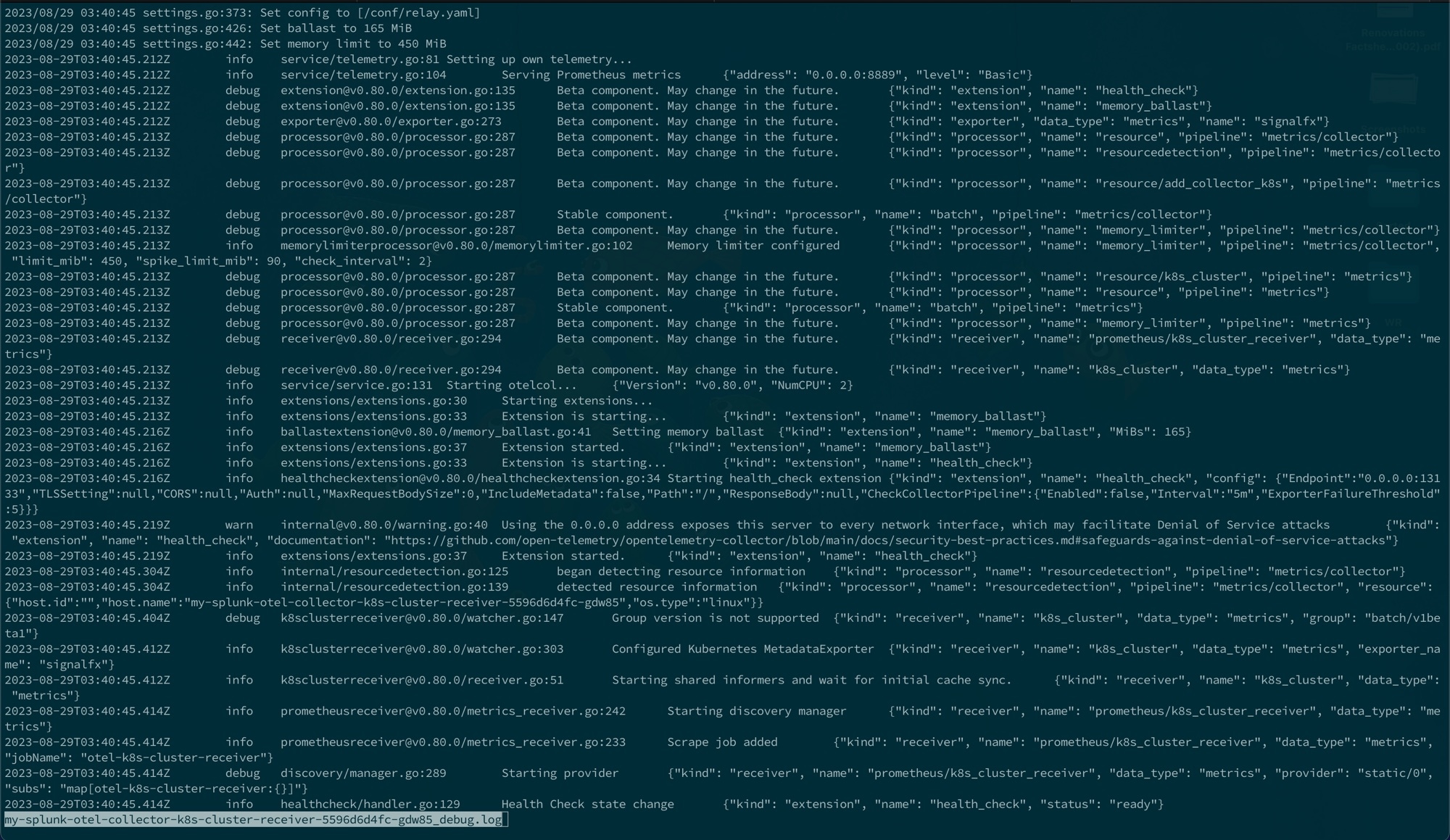 OTel Collector Kubernetes Cluster Receiver Debug Logs