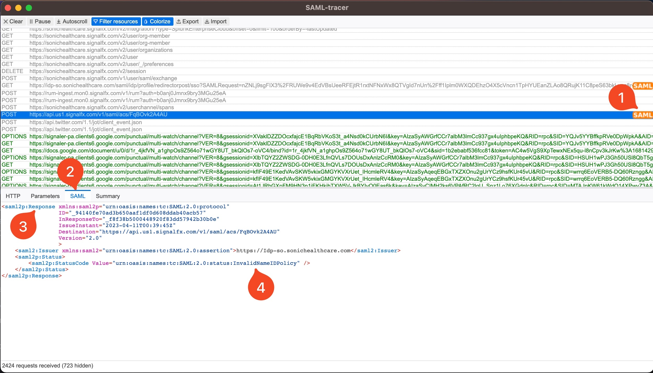 Sample SAML response details showing an error