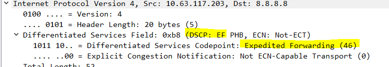 Captura de pantalla de Wireshark DSCP EF
