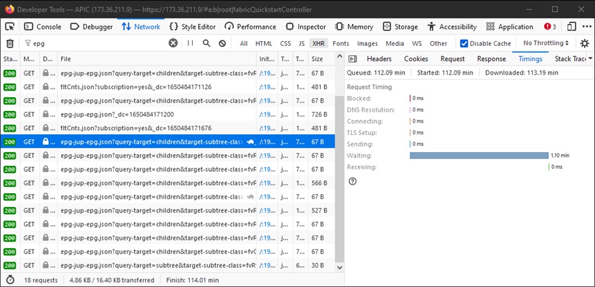 Example of the Browser Waiting 1.1 minutes for the APIC to Respond