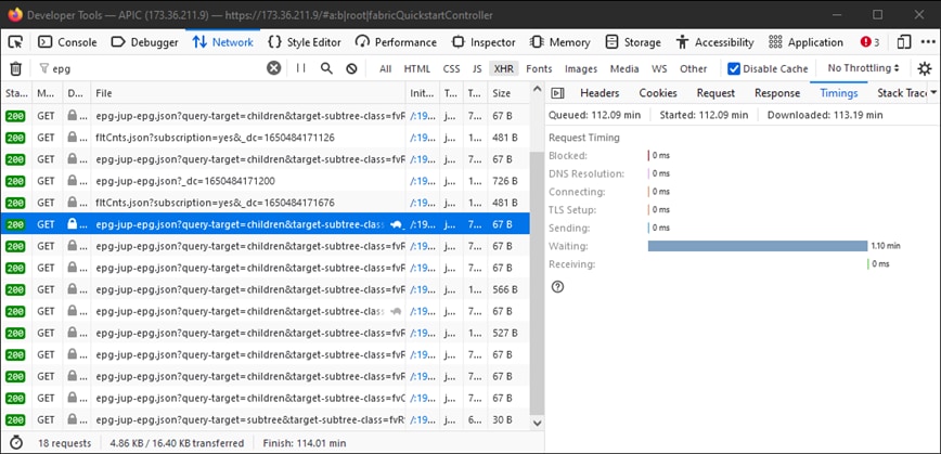 Example of the Browser Waiting 1.1 minutes for the APIC to Respond