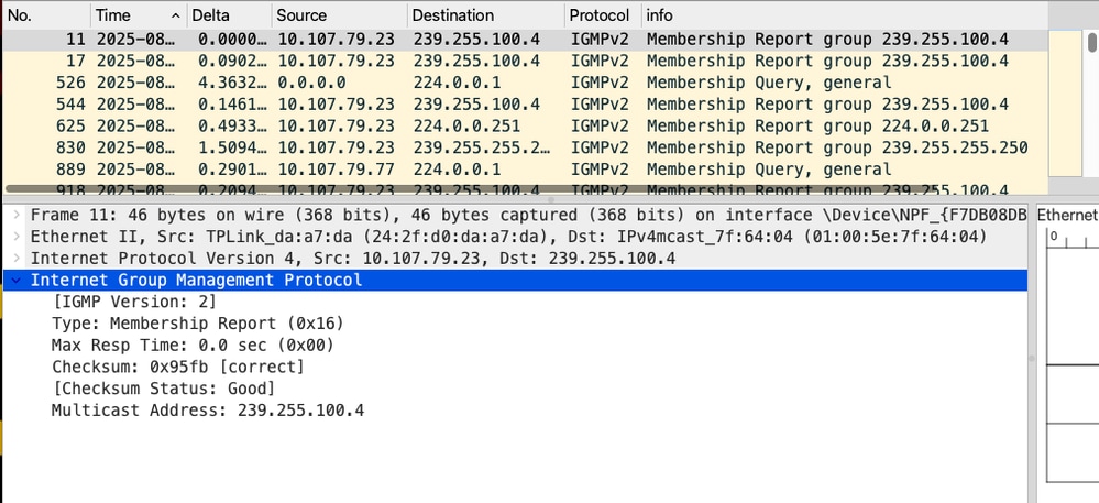 Client sends IGMP membership report for the interested Multicast traffic - Captures collected from endpoint