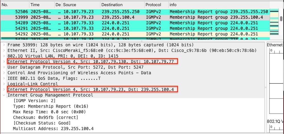 Client IGMP membership report reaches the WLC inside a CAPWAP tunnel - Captures collected from WLC