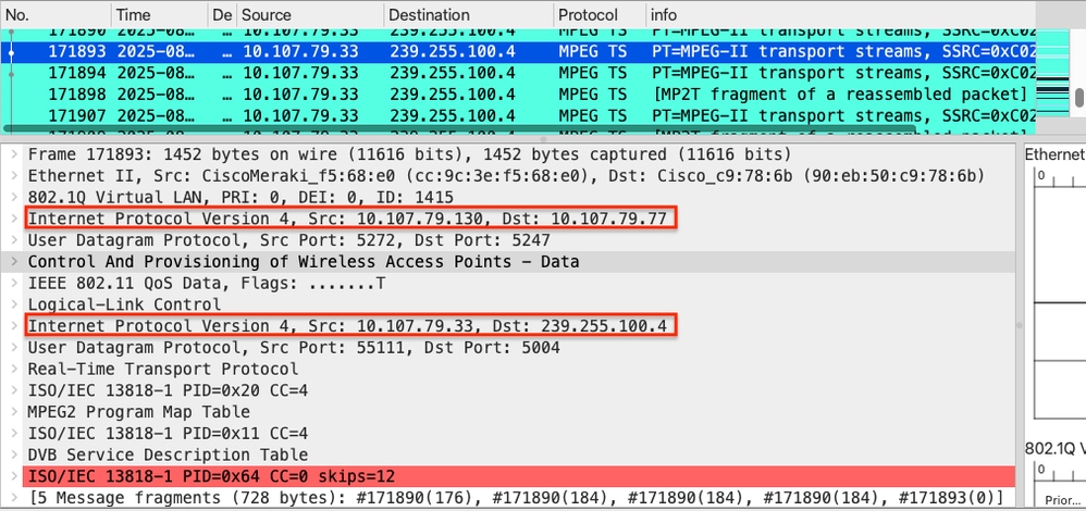 Multicast Traffic Received from the Source inside a CAPWAP Tunnel  Captures Collected on WLC