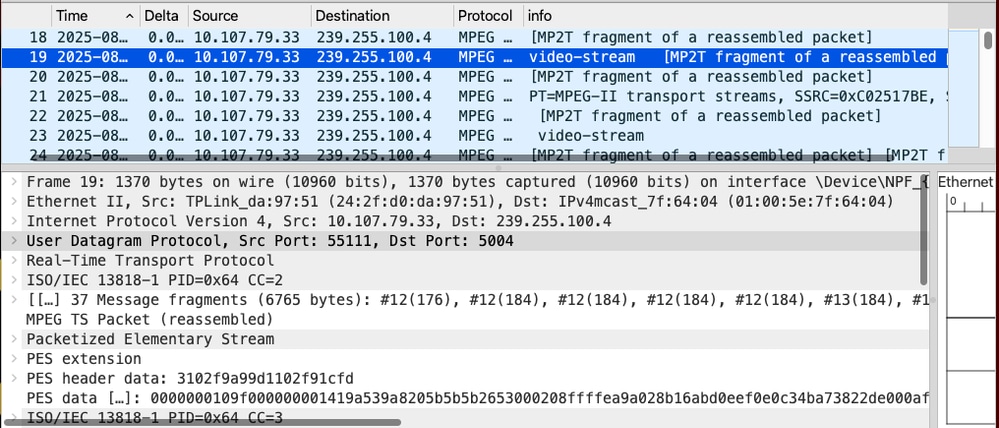 Client Receives the Multicast Traffic Captures Collected from the Interested Endpoint 10.107.79.23