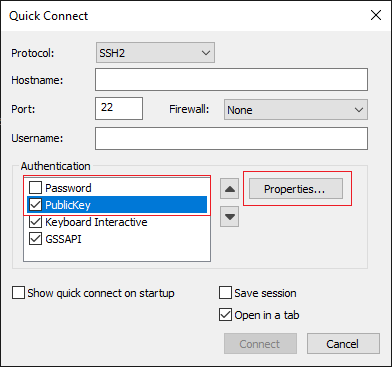 Putty authentication settings