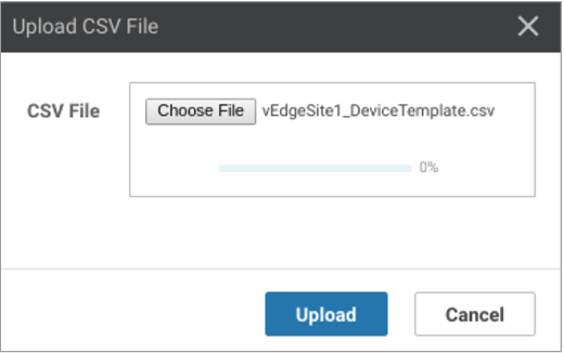 Displays Upload CSV file window while uploading the updated Device template file