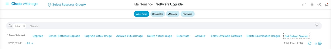 vManage Software Upgrade Set Default Version drop down list