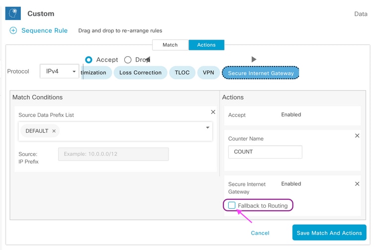 vManage policy UI fallback-to-routing