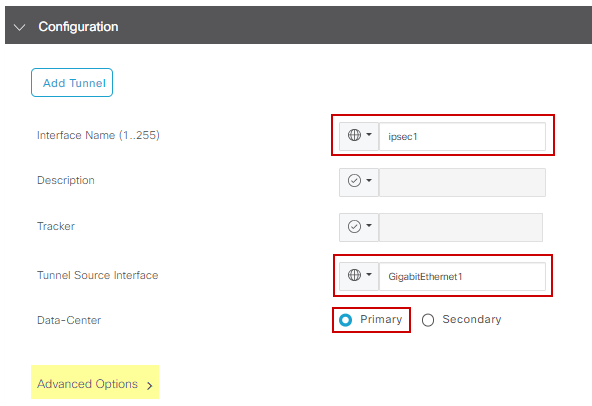 Configuración de interfaz IPsec