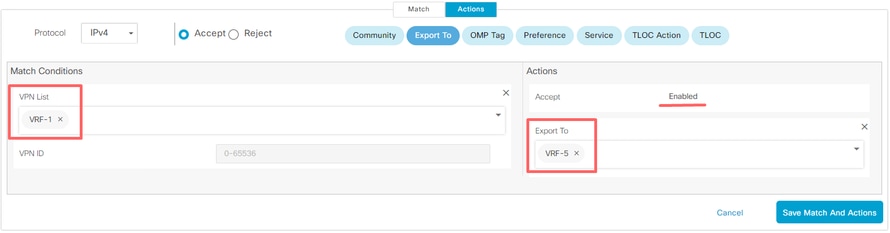 تصدير معلومات التوجيه ل VRF 1 إلى VRF 5