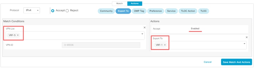 تصدير معلومات التوجيه ل VRF 5 إلى VRF 1