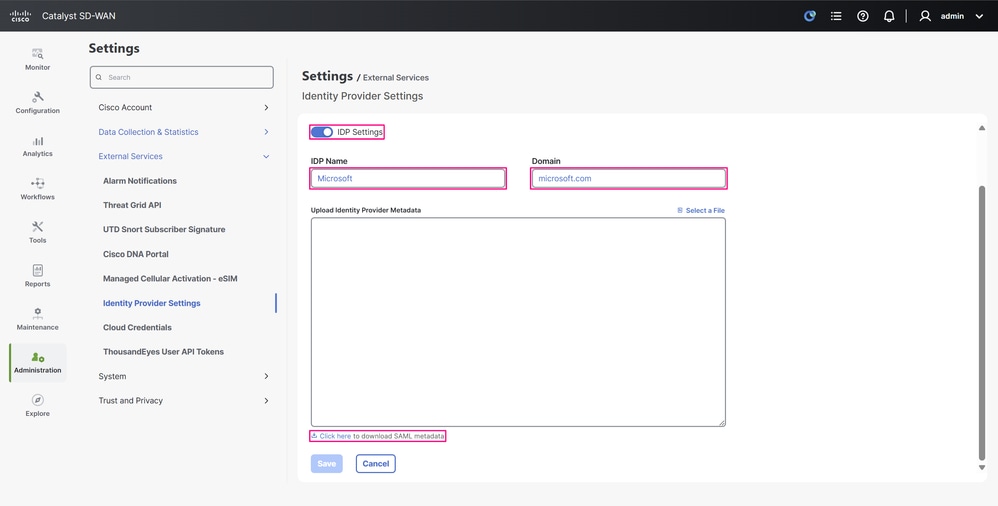 IdP Settings Configuration Page