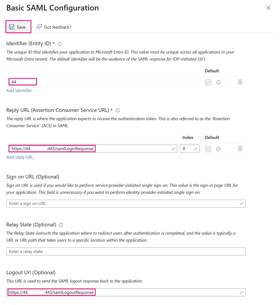 Basic SAML Configuration Window