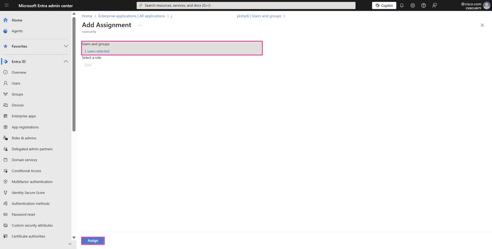 User Group Assignment Pane - Users Selected