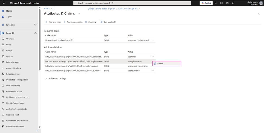 Attributes and Claims Page - Delete Claim