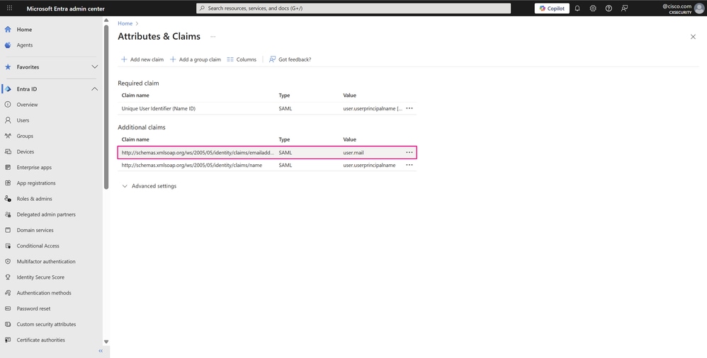 Attributes and Claims Page - User Mail