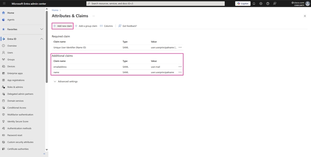 Attributes and Claims Page - Add New Claim