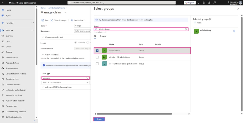 Manage Claim Page - Select Groups