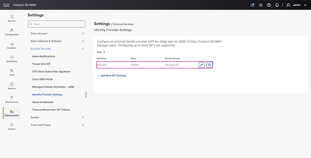 IdP Settings Configuration Page - Settings