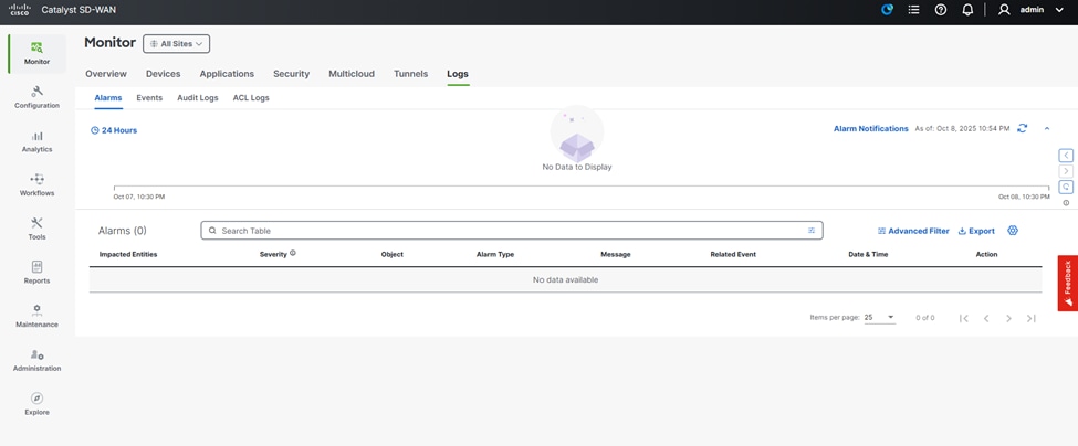 Manager Monitor Alarms page