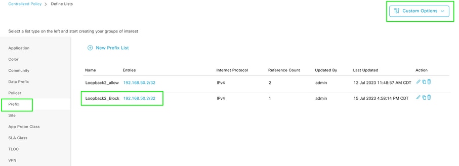 Centralized Policy Custom Prefix List