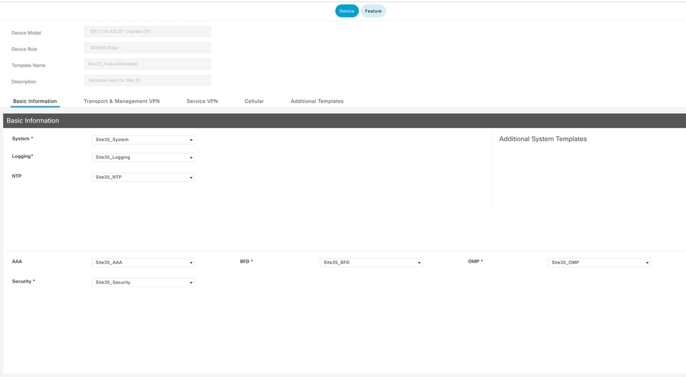 Device Template details with feature templates basic configuration