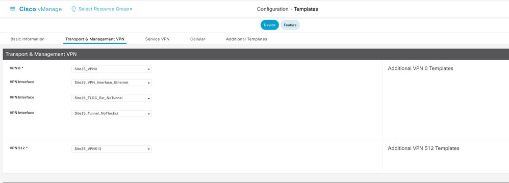 Device Template details with feature templates Transport and Management