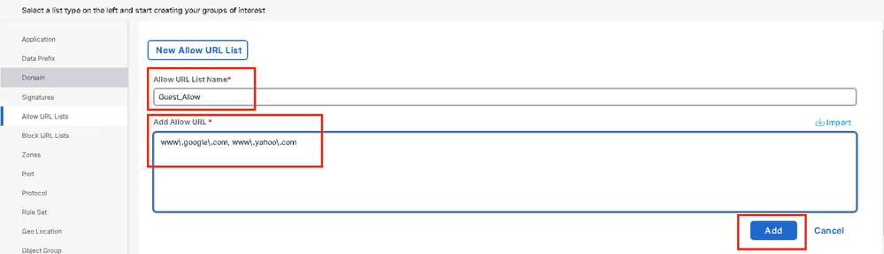 Enter URL lists in Allow URL List
