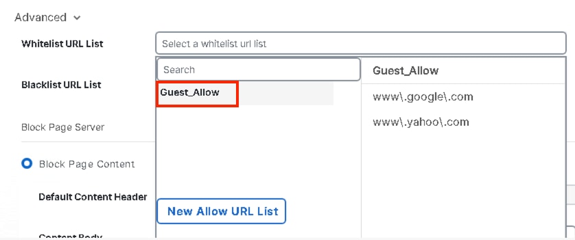 Under Advanced, Choose Existing Lists in Whitelist URL List