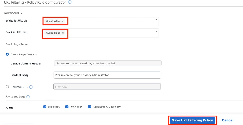 Click Save URL Filtering Policy