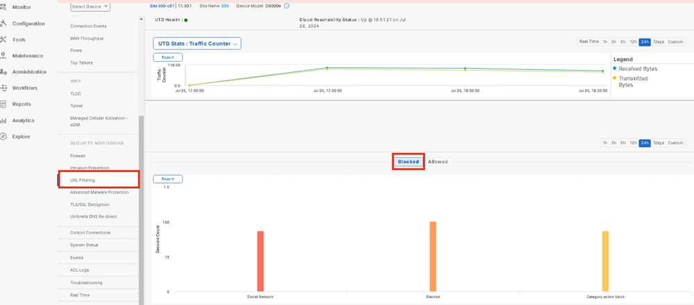 Click URL Filtering, click on Blocked to check Session count.