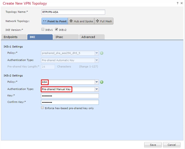 Cisco Firepower VPN Configuration - Configure IKE parameters - Set authentication type to Pre-shared Manual Key
