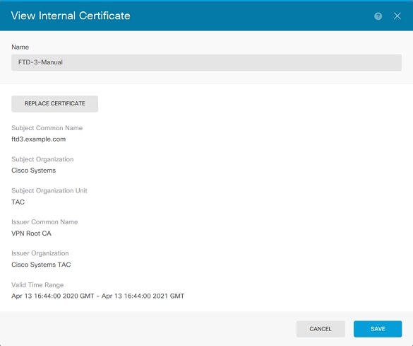View Installed Certificates in FDM - Navigate to Objects, then Certificates to View Internal Certificate
