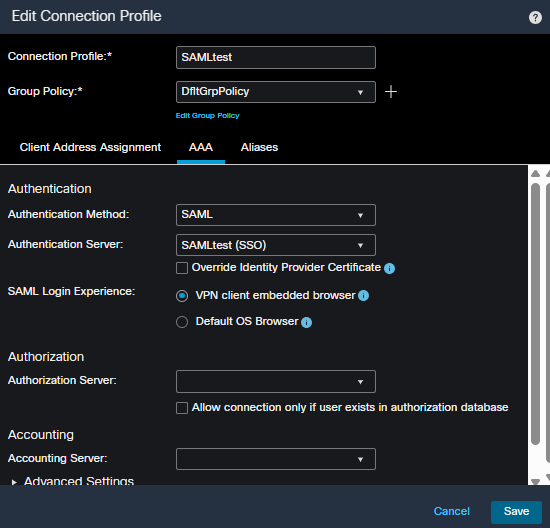 FMC Connection Profile AAA configuration