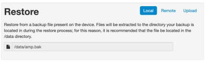 Restore from a backup fie present on the device. Files will be extracted to the directory your backup is