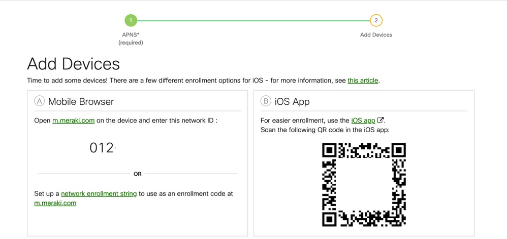 Enrollment menu for iOS device